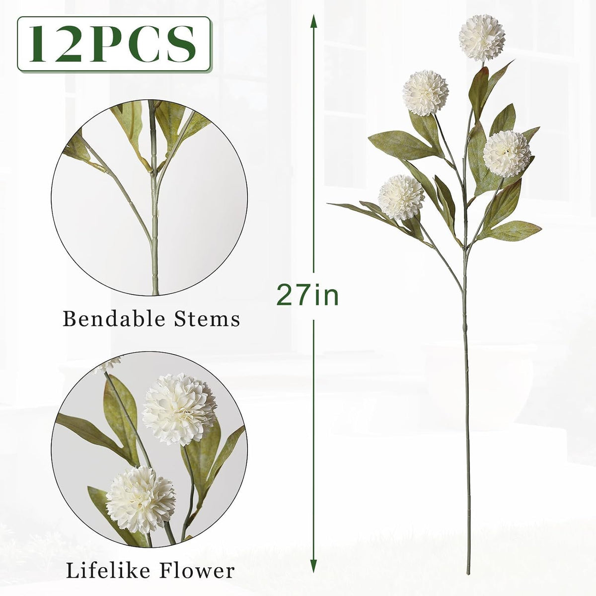 12Pcs 27"Artificial Pompon Mum Stems Silk Flowers for Vase Decor(Cream)