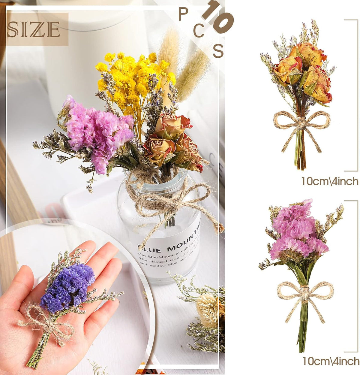 Tallew 10 Pcs Mini Dried Flowers Tiny Boquet Flowers for Vase, Colorful