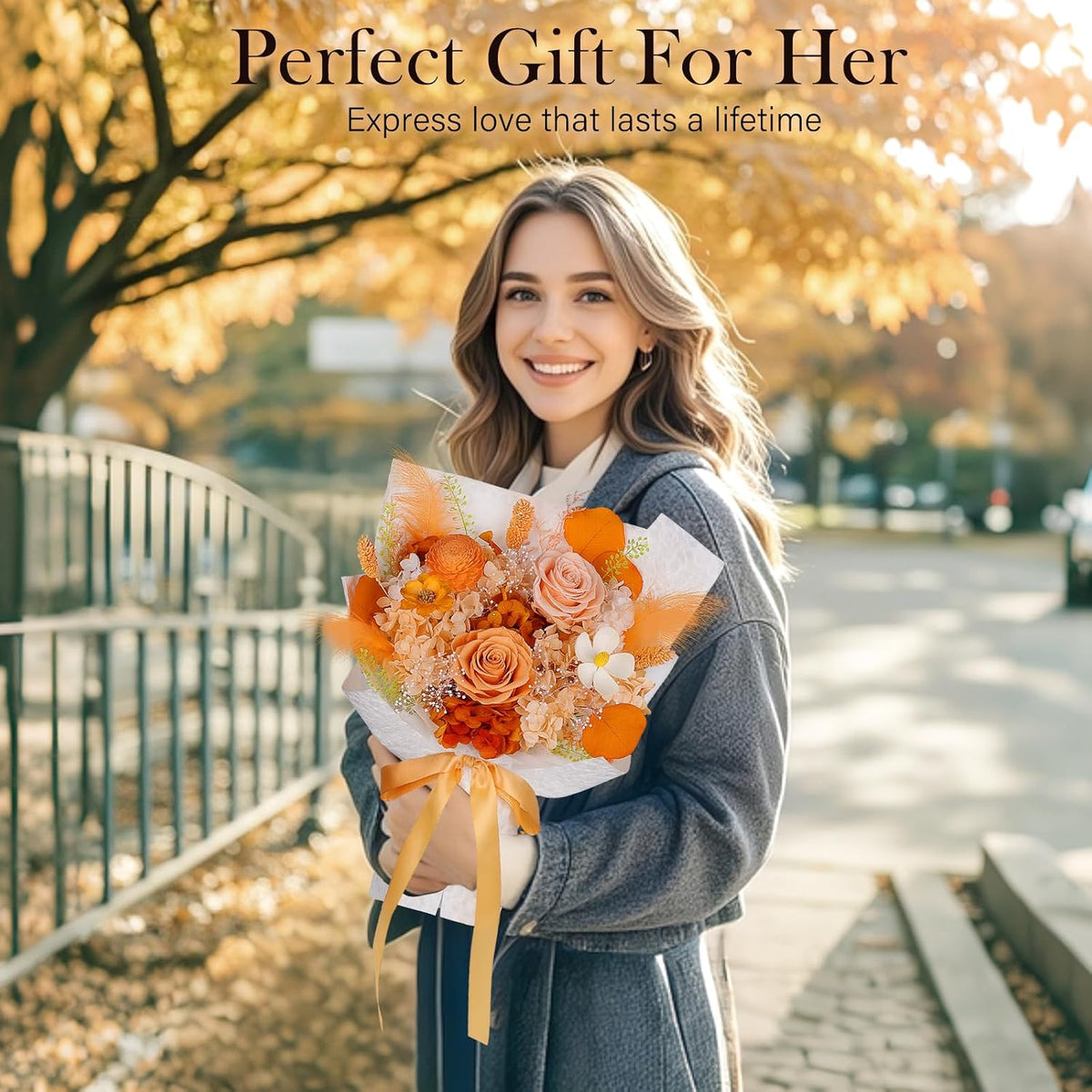 Preserved Flowers for Delivery, Orange Flower Bouquet, Gifts for Women Mom