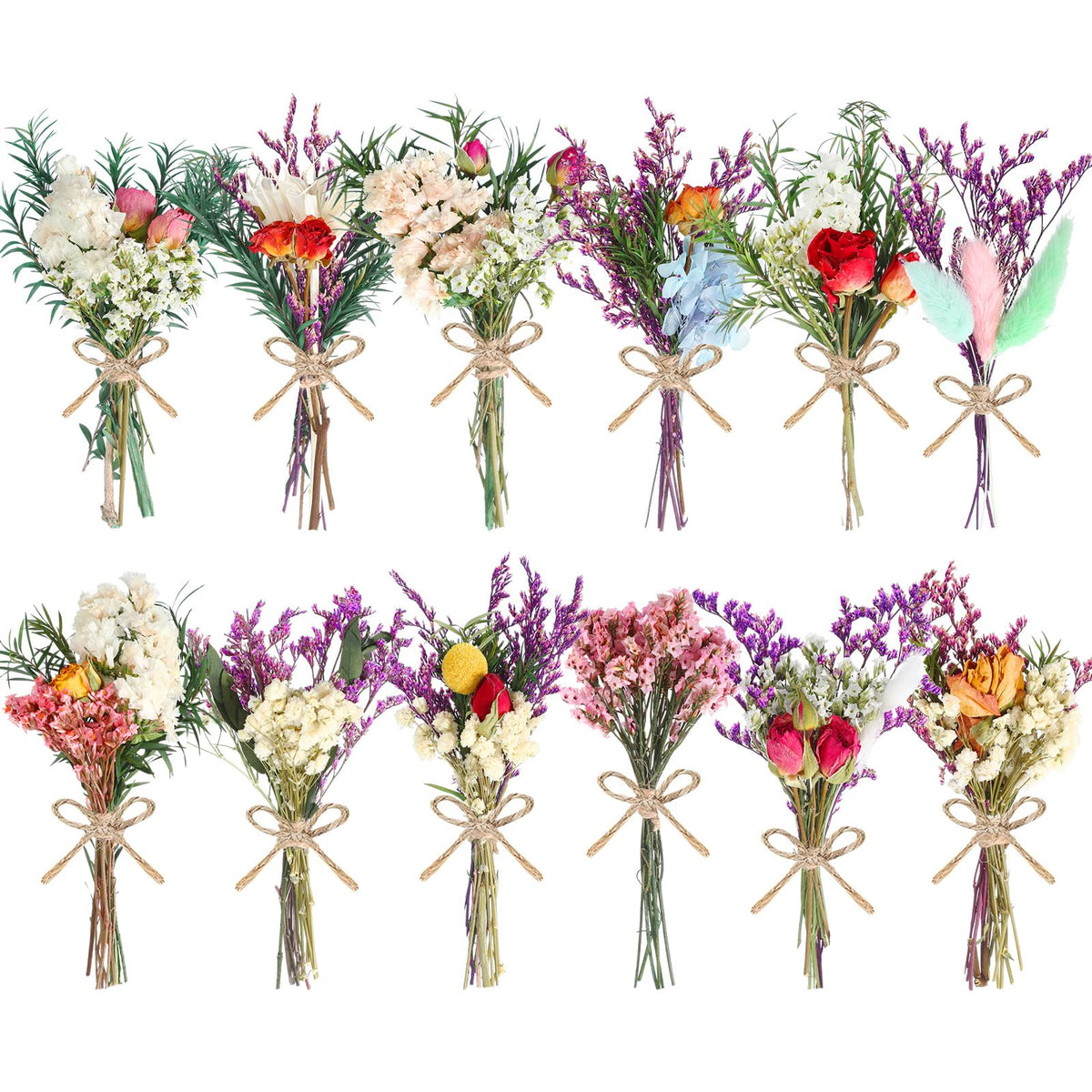 12/24 Pack Dried Flowers for Vase Various Mini Bouquet Dried Small Wildflowers Natural Real Flowers Bulk for Crafts DIY Wedding Decor (24, Plain Colour)