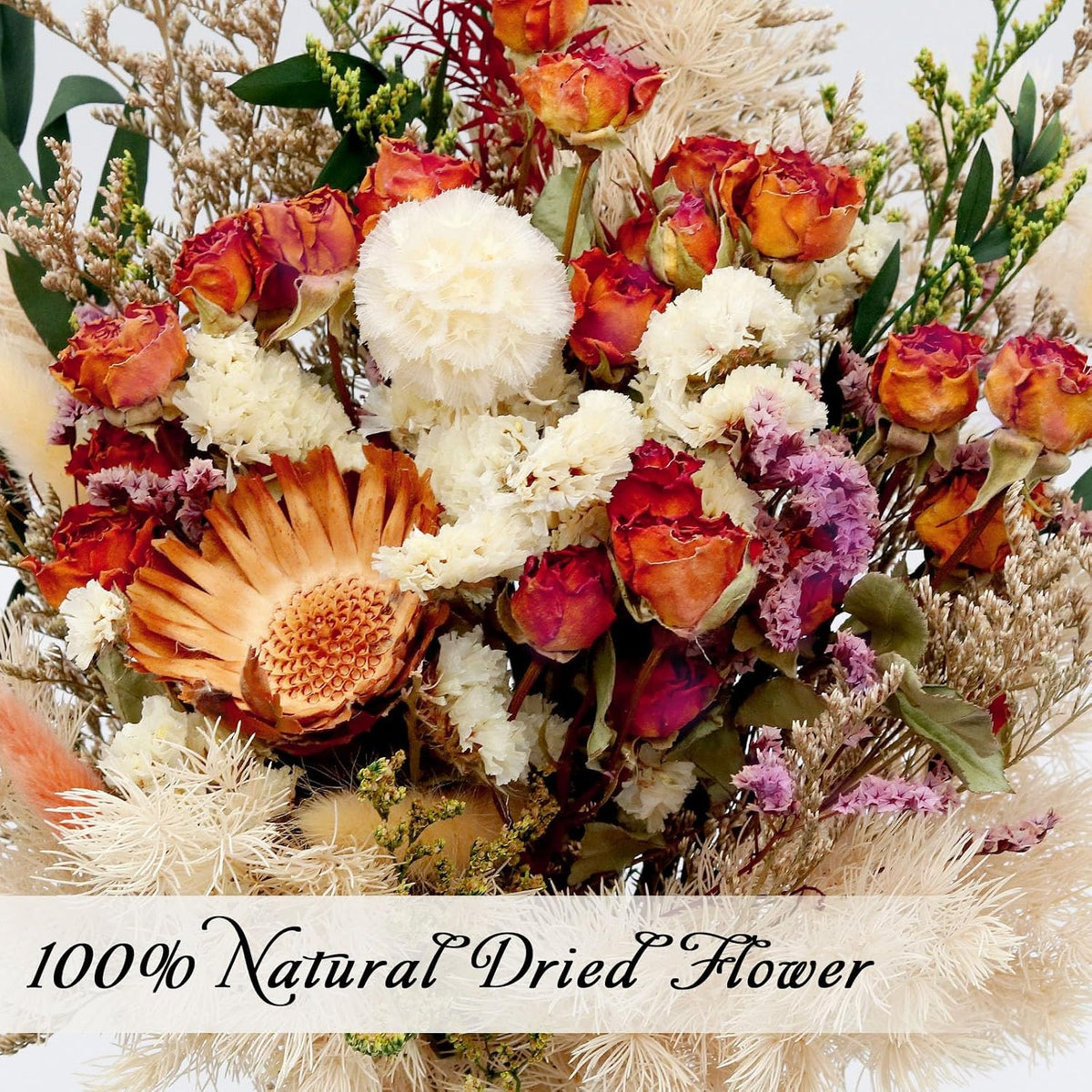 17" Dried Flower Bouquets, 100% Natural Dried Flowers with Dried Roses,Bunny Tails,Chrysanthemum Flowers Decor for Vase Rustic Boho Home Decor,Party Fall Decor for Wedding Gift