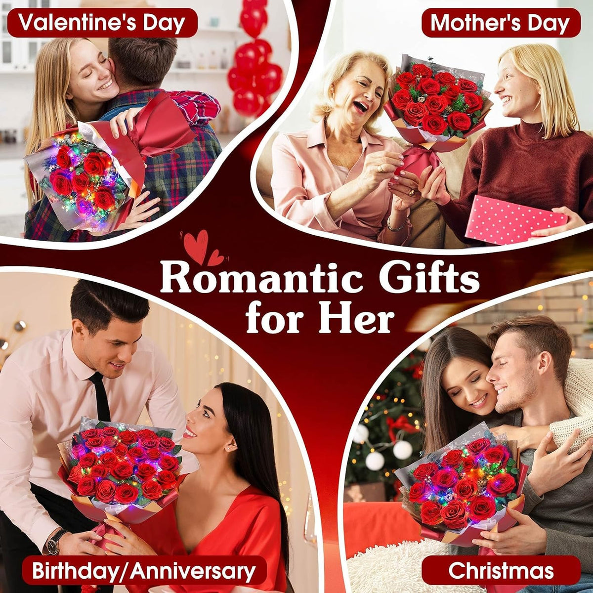 ADDWel 12 Preserved Real Roses Bouquet for Her, Forever Red Flowers with LED Lights, Anniversary Birthday Gifts for Wife Girlfriend Mom, Elegant Home Decor