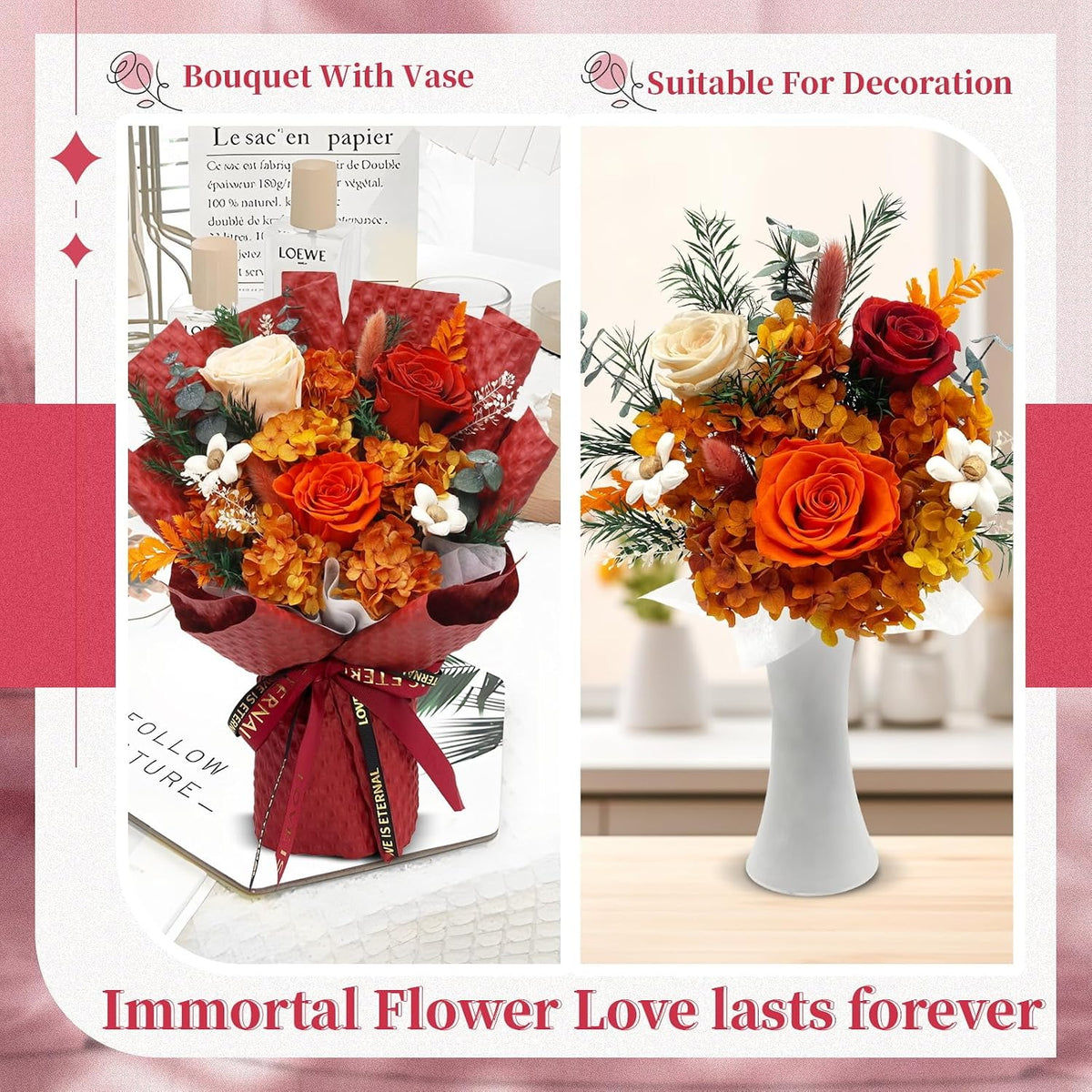 VTJMB Flowers for Delivery Prime Tomorrow, Preserved Flower Bouquet with Box, Birthday Dried Flowers Gift for Women, for Mom, Wife, Grandma, Friends，Red