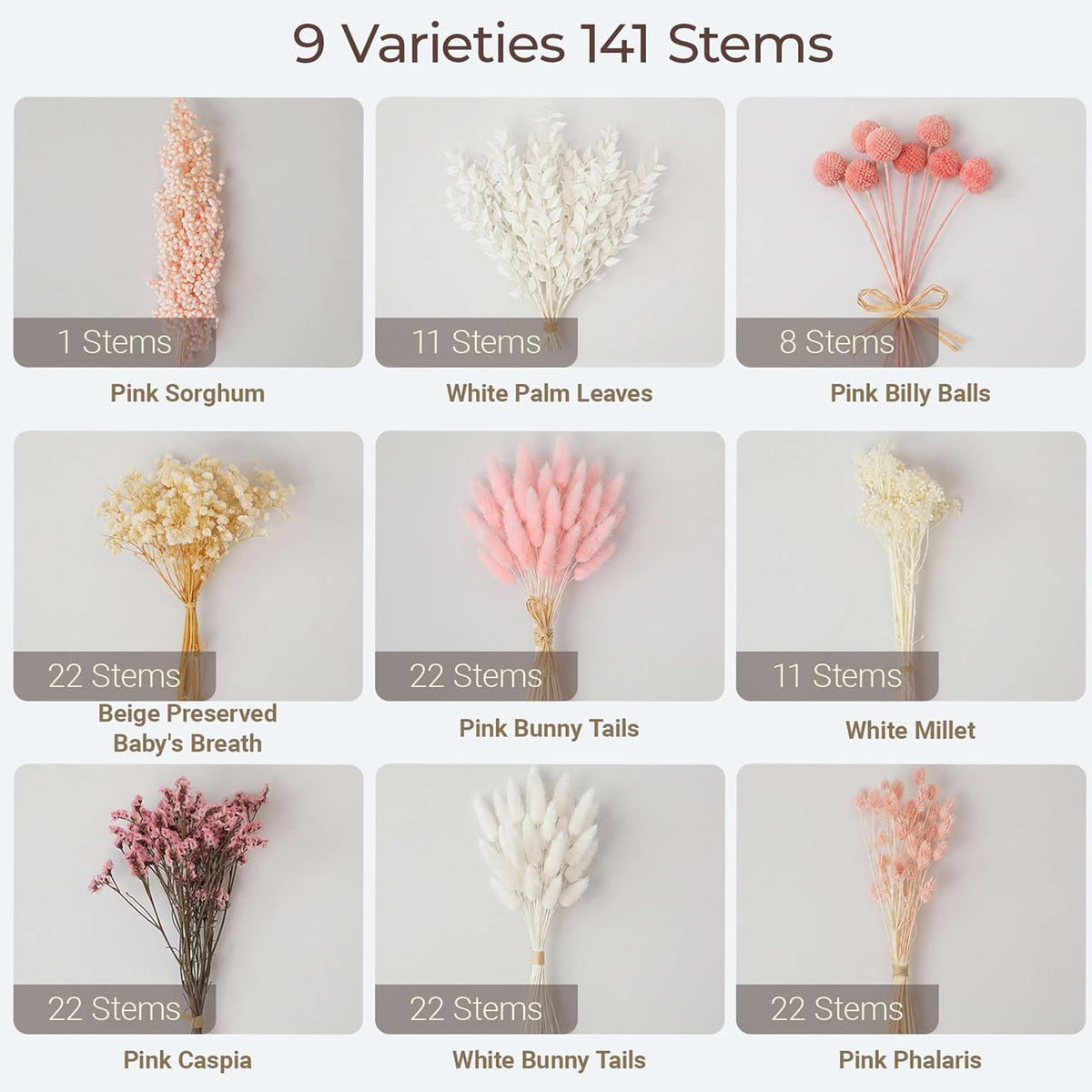 LUXEEASE 9 Kinds Pink White Dried Flowers Bouquet, 141 Pcs