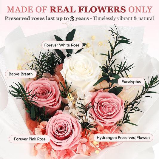 Forever Flowers for Delivery - Preserved Flowers Bouquet, Preserved Roses Bouquet Gifts for Women Anniversary Birthday Forever Pink Rose Gifts for Her Mom Grandma Wife Girlfriend Valentine
