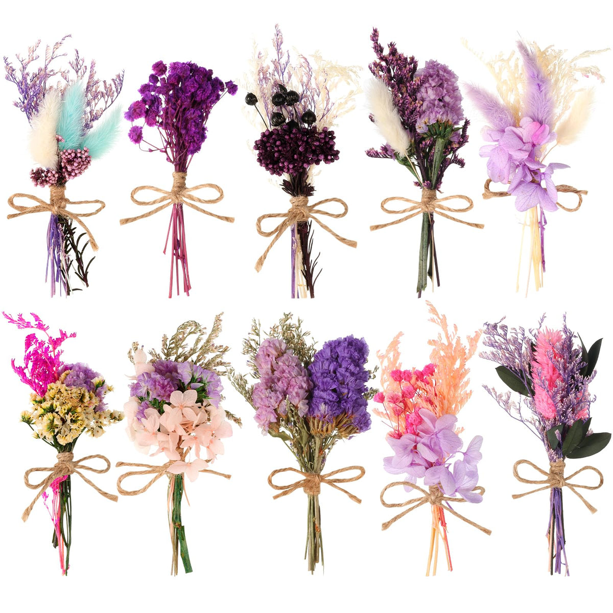 VAIPI 10 Pack Dried Flower Bouquets Various Dried Flower Combinations with Stem Mini Dried Embossing Natural Flower Bundles Artificial Flower Dried Floral Arrangement for Vase DIY Wedding Decor