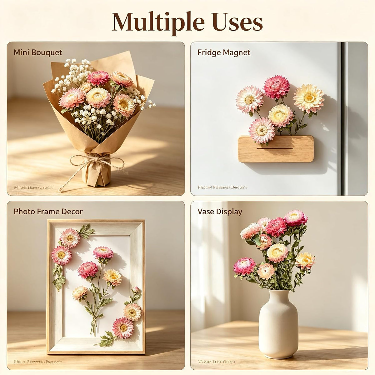 12Pcs Natural Dried Strawflowers Bouquet, Real Multicolor Daisies