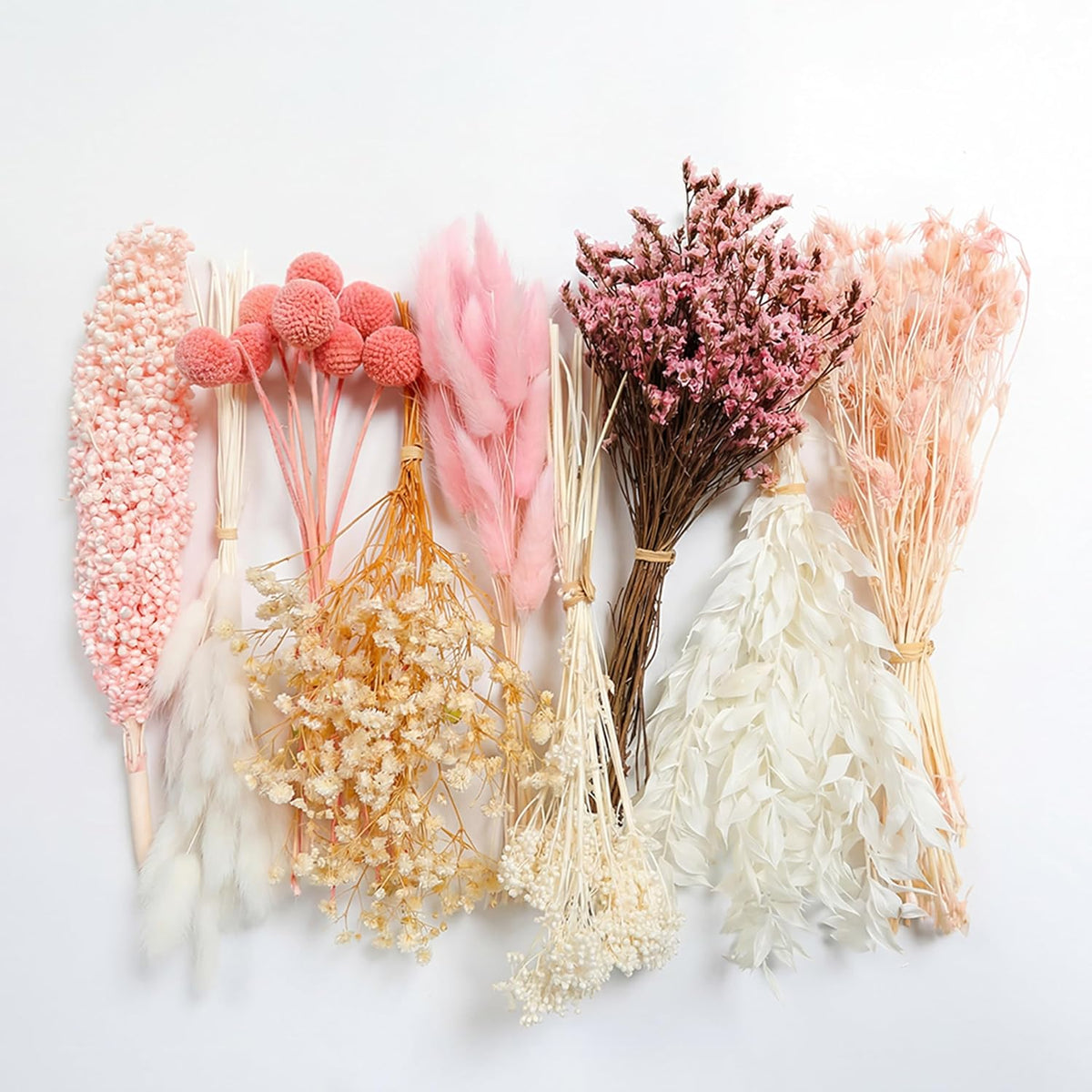 LUXEEASE 9 Kinds Pink White Dried Flowers Bouquet, 141 Pcs