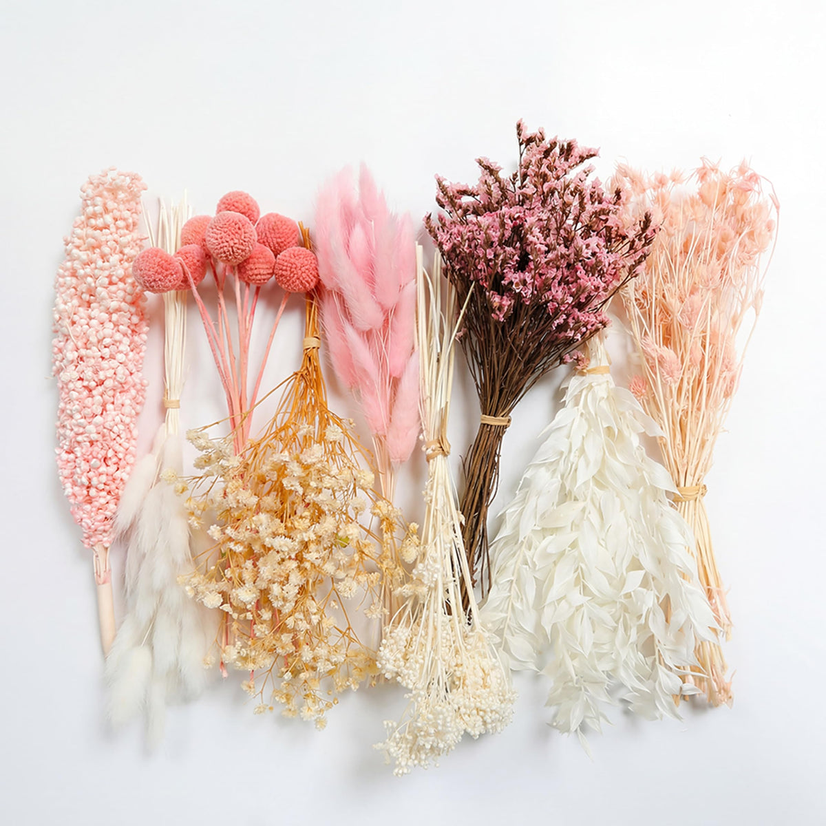 LUXEEASE 9 Kinds Pink White Dried Flowers Bouquet, 141 Pcs