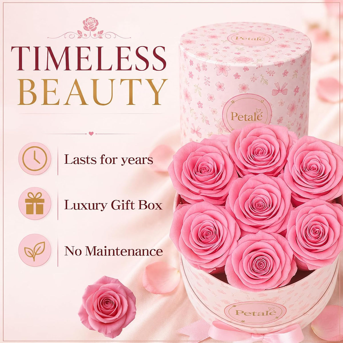 Pink Preserved Roses Forever Rose Box, 7 Real Eternal Flowers