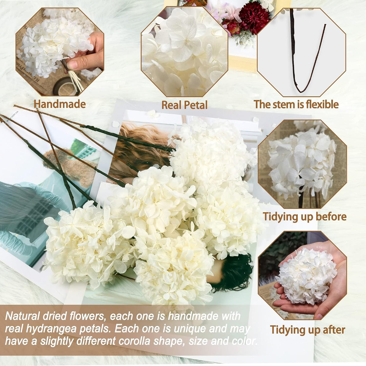 5 Pcs Preserved White Hydrangea Flowers, Real Handmade Floral Stems