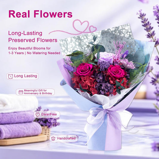 FLORALUNA Preserved Flowers, Purple Preserved Flowers Bouquet