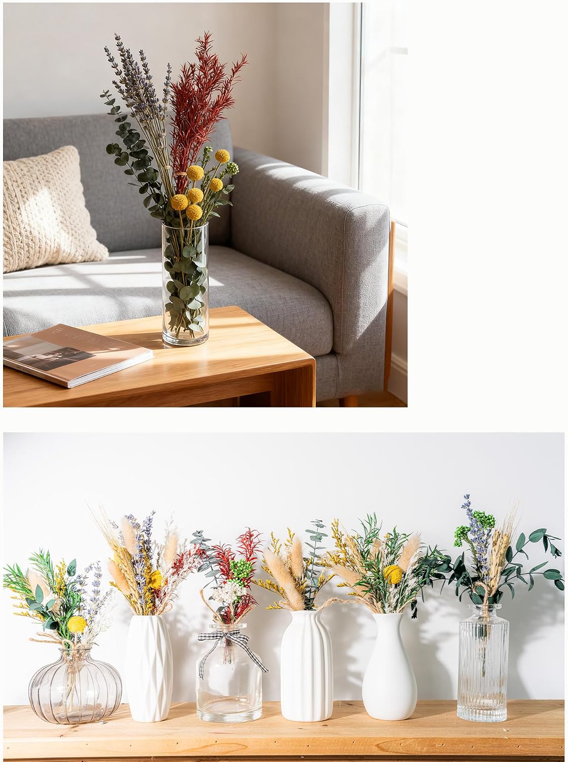 12 Kind Dried Flowers Set - Including Lavender, Eucalyptus, Wheat, Bunny Tails, Handmade for DIY Crafts, Vase Decor, Wedding/Home/Birthday/Seasonal Decor
