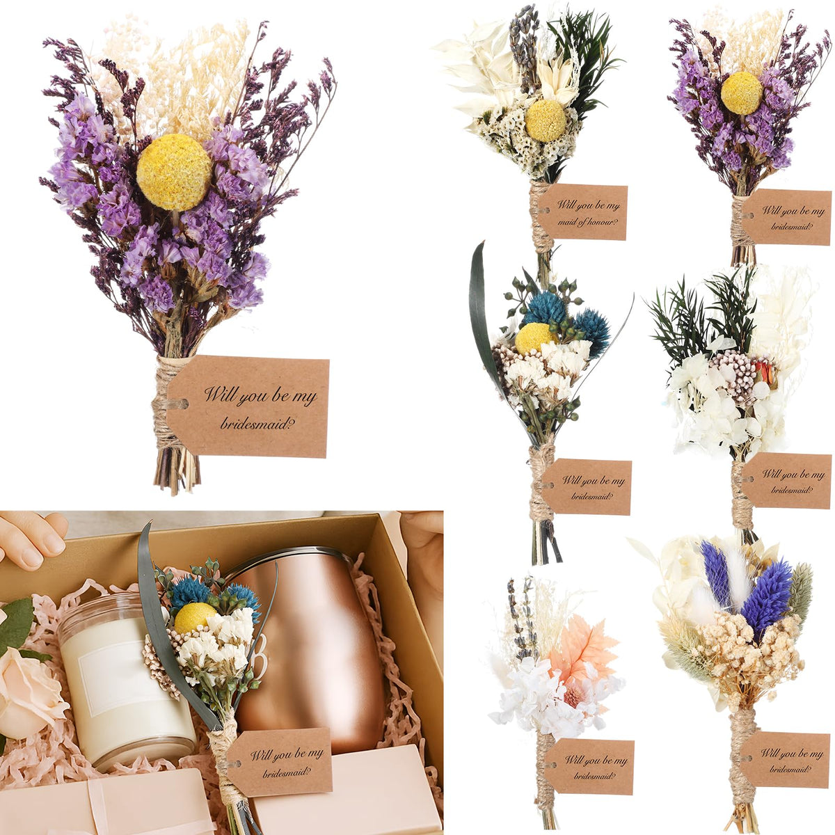 Suncalla 6 Pcs Bridesmaid Proposal Gifts Dried Bouquets,White,Boho