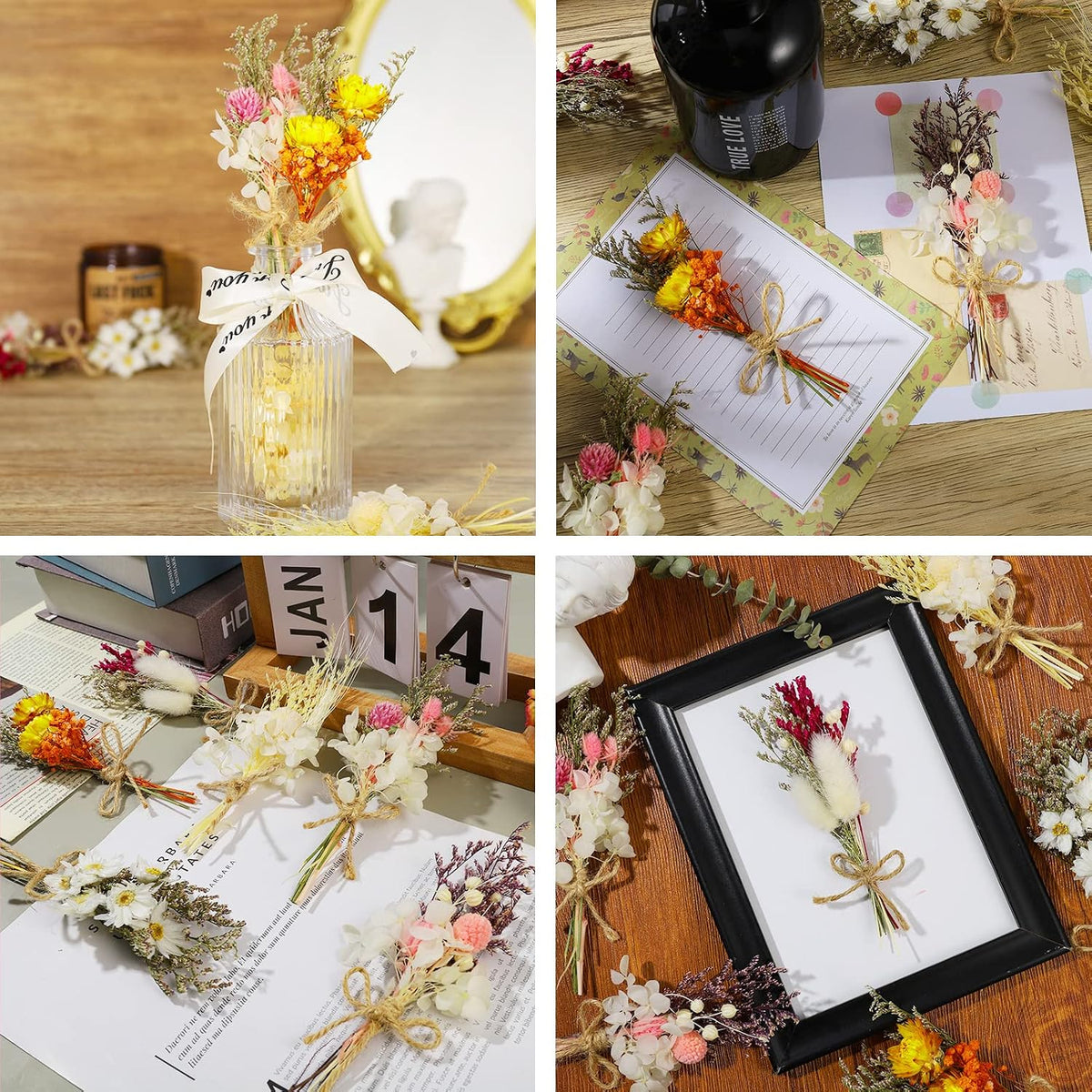 6Pcs Mini Dried Flowers Bouquet, Mixed Natural Dried Flowers Gypsophila Bouquets Boutonniere Table Centerpieces Birthday Cake Flowers for DIY Crafts with 3 Flower Stickers 10m Hemp Rope