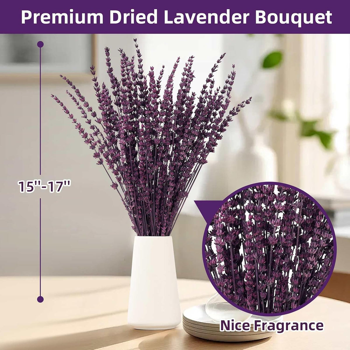 Dried Lavender Flowers, Preserved Purple Lavender Bundle, 15" -17" Natural Dried Flowers Bouquet for Wedding Vase Decor, Home Fragrance, Bathroom, Photo Props, Crafts, 70g (2.5oz)