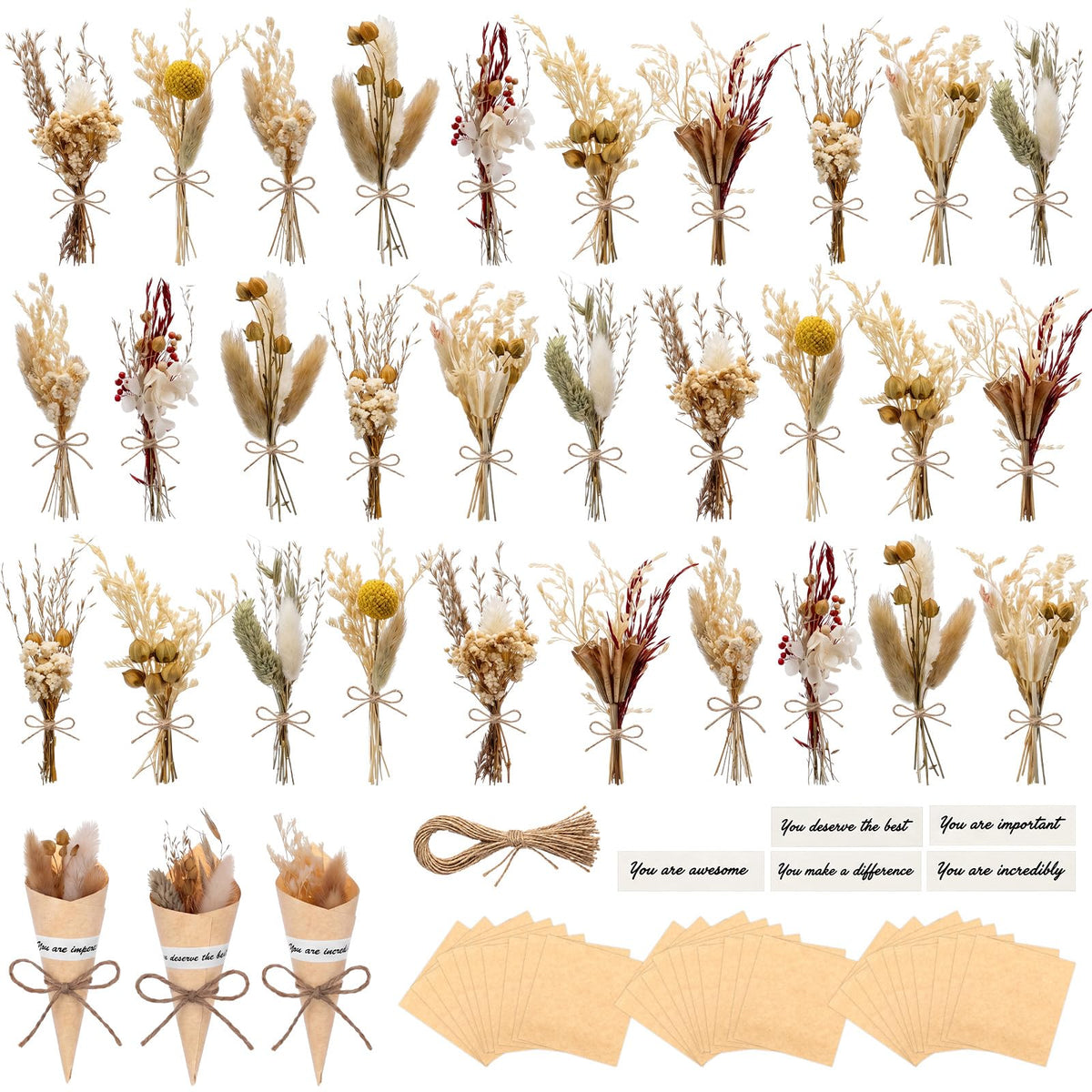 30 Set Mini Dried Flower Bouquet for Craft with Stem,Various Style