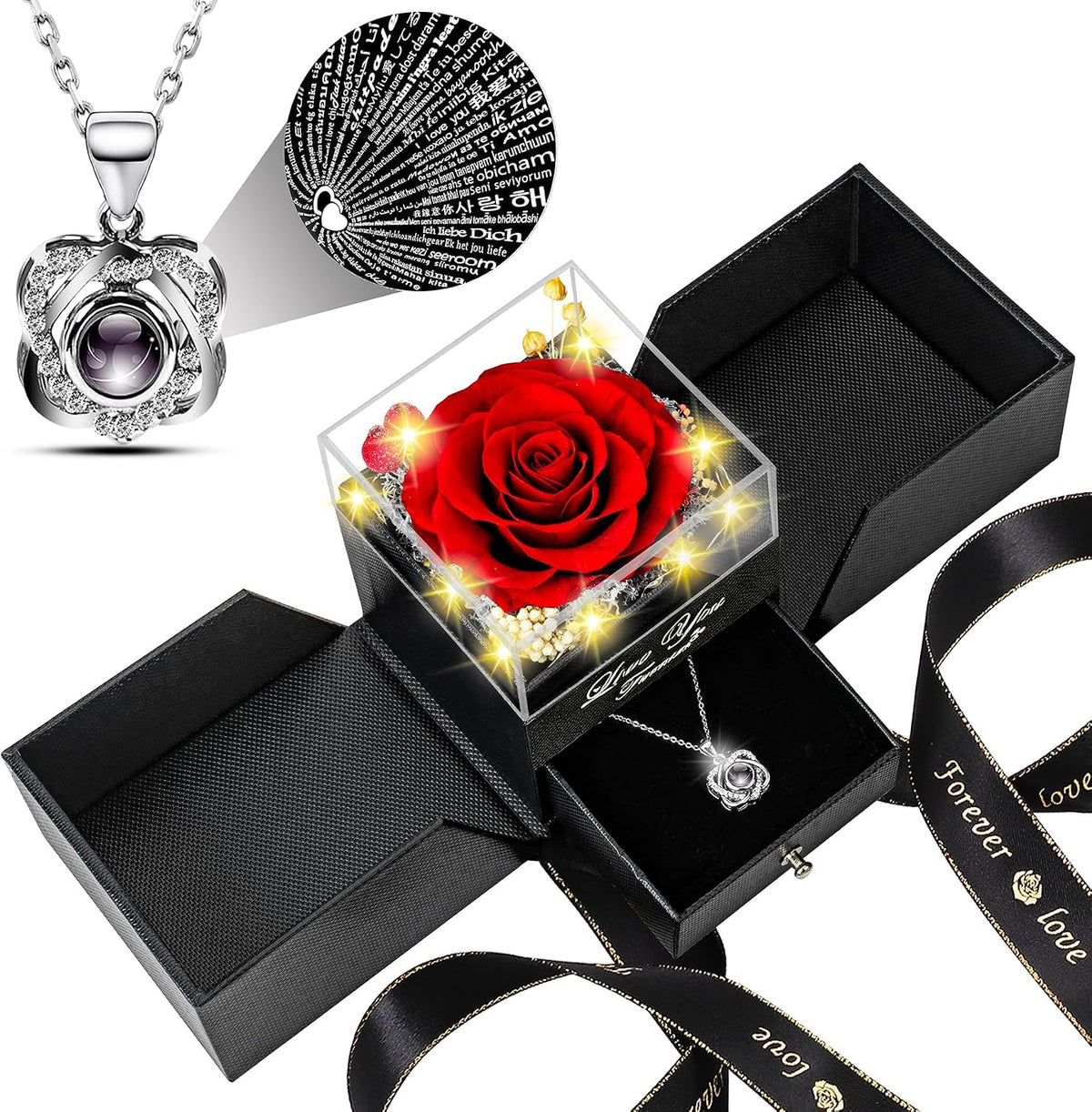 Lebana Preserved Red Real Rose with Heart I Love You Necklace -Mothers Day Gifts for Mom Her Wife Girlfriend Grandma on Valentines Mothers Day Christmas Birthday Anniversary Romantic-Red