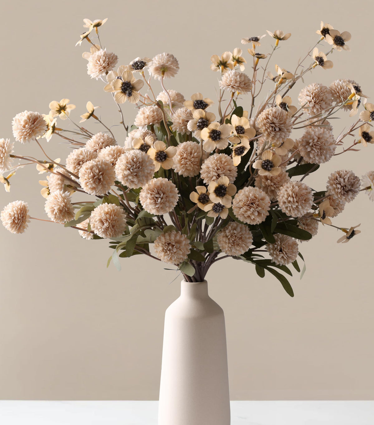 8 Pcs Fake Mums Kiku Flowers Artificial with Wild Flowers Bulk, Beige Silk Flower Arrangements Decor Floral Centerpieces For Tables Artificial Fall Flowers for Vase DIY Bouquet Coffee Dining Home