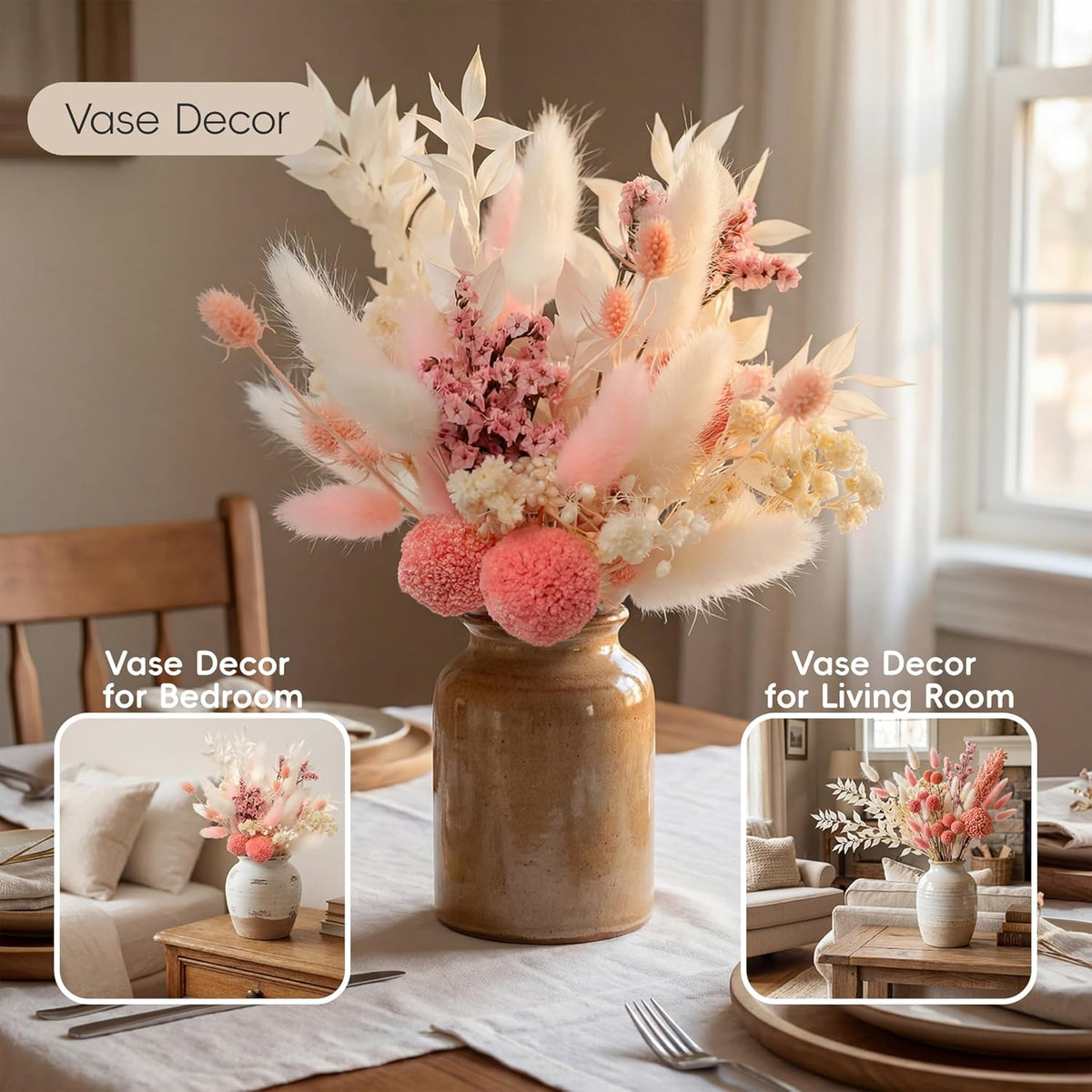 LUXEEASE 9 Kinds Pink White Dried Flowers Bouquet, 141 Pcs