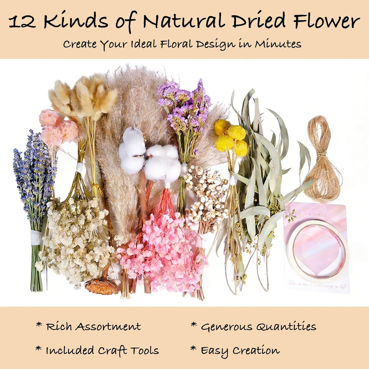 12 Kinds Natural Dried Flower Set, Bulk Dried Flowers for Vase,Mini Dried Flower Bouquets,Dried Flowers with Stems for DIY Crafts, Vase Decor,Home/Wedding/Birthday Decor(8.7-13.8in Flexible Stems)