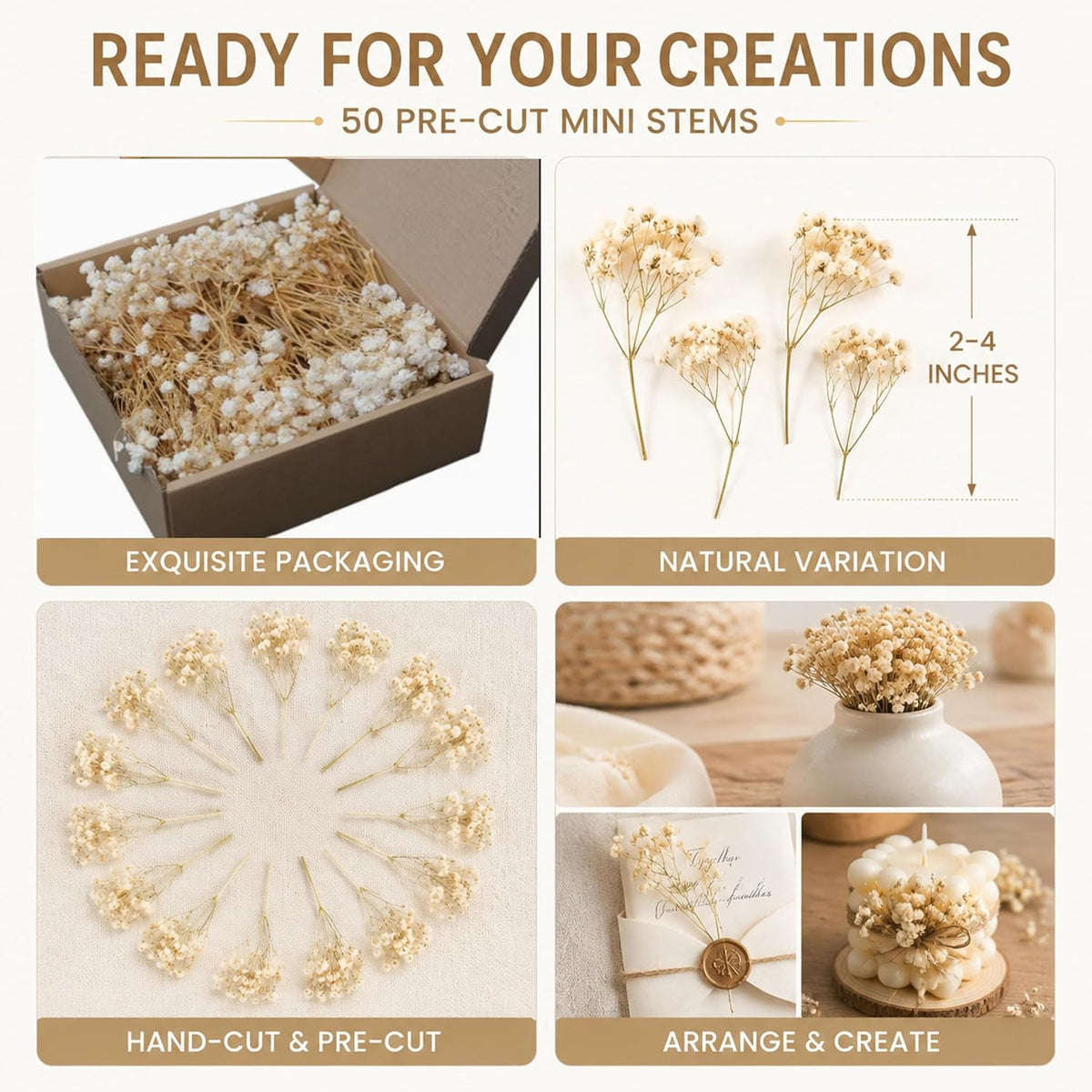 Fumete Mini Dried Baby Breath Flowers Dried Flowers, Natural White, 50 Pcs