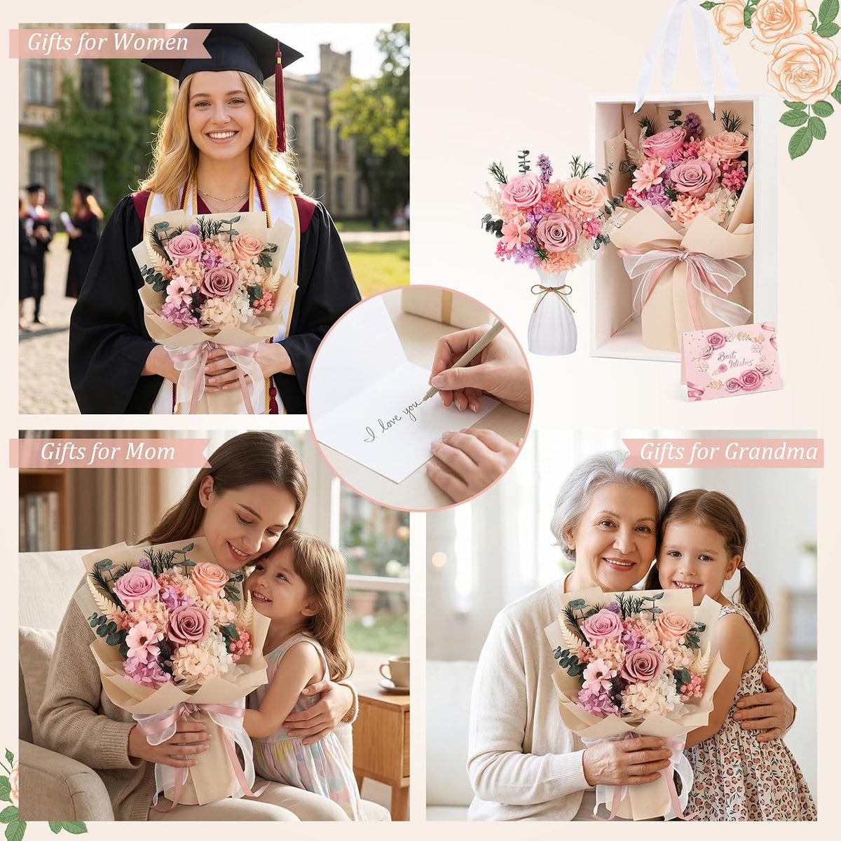 Flowers for Delivery Prime Preserved Flowers Bouquet with Vase, Pink