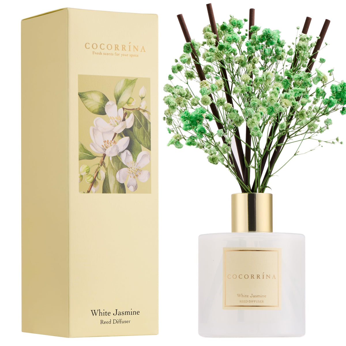 Cocorrína Premium Reed Diffuser Set with Preserved Baby's Breath & Cotton Stick Sandalwood Rose | 6.7oz Scent Fragrance Oil Diffuser for Bedroom Bathroom Home Décor