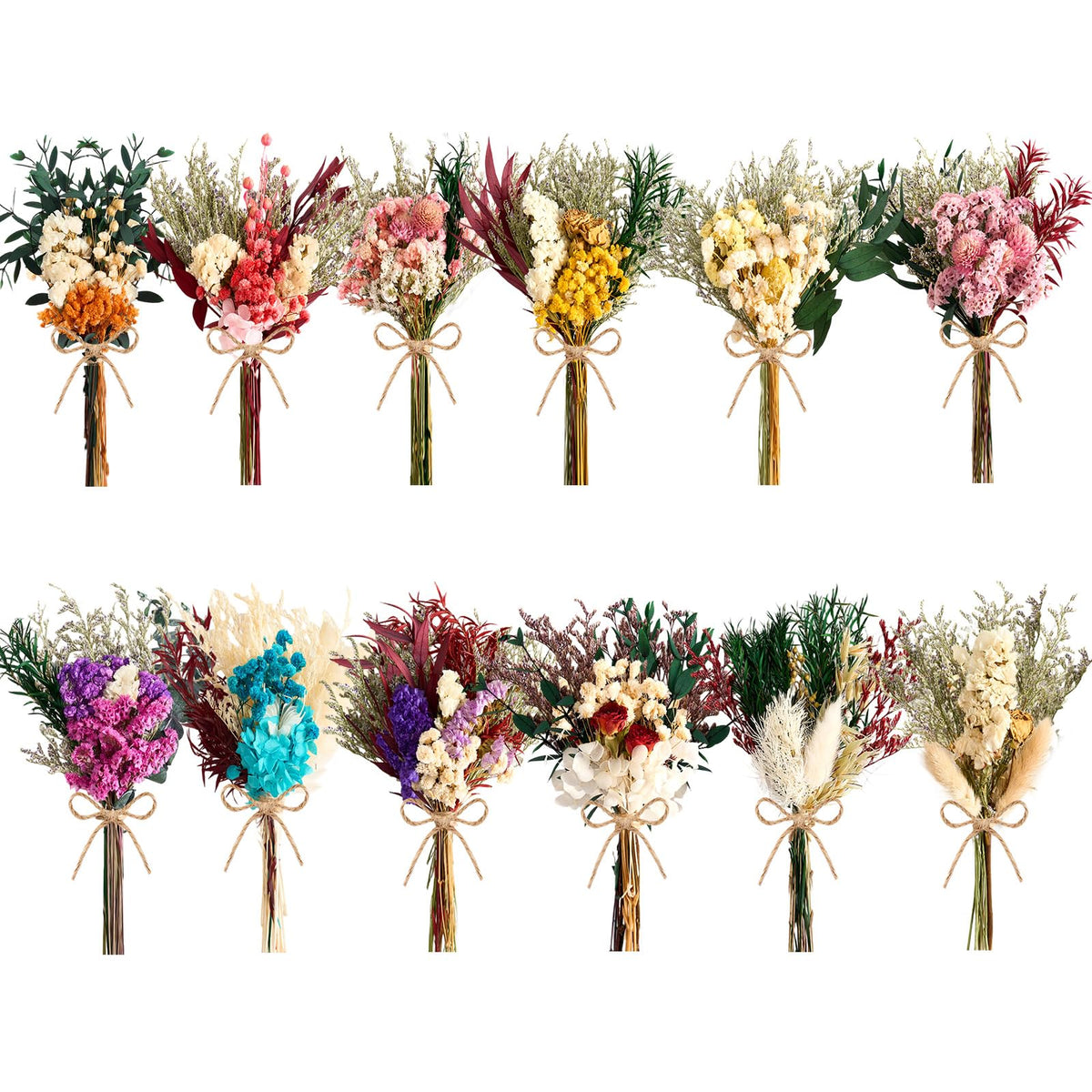 12/24PCS Handmade Dried Flower Bouquet with Stems Natural Dried Wildflowers 7.5 Inch Mini Dry Flowers for Vase Farmhouse Decor, Wedding Styling, Photography Props, Gift DIY(12pcs, Bright)