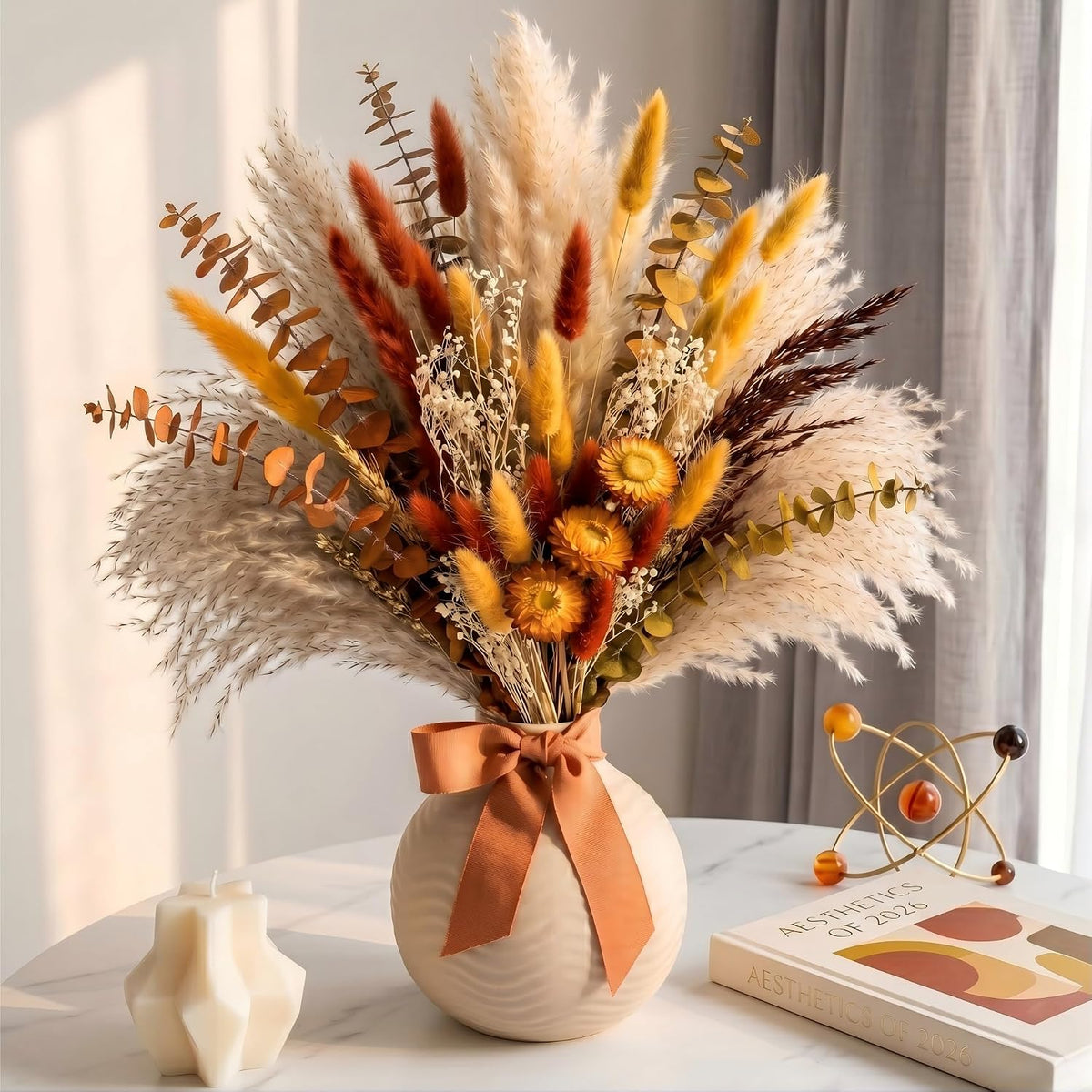 73 Pcs Pampas Grass Decor DIY Floral Material Kit, Natural Dried Flowers Loose Stems with Orange Eucalyptus & Bunny Tails for Vase Arrangement, Warm Boho Fall Decor (Vase Not Included)
