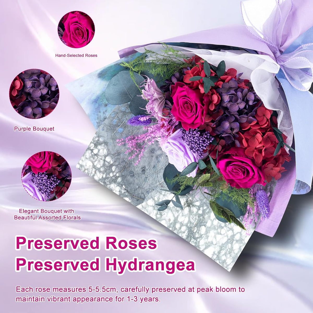 FLORALUNA Preserved Flowers, Purple Preserved Flowers Bouquet