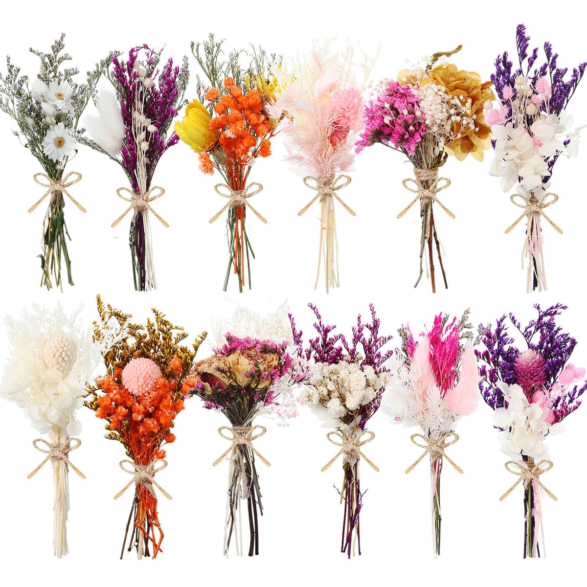 12/24 Pack Dried Flowers for Vase Various Mini Bouquet Dried Small Wildflowers Natural Real Flowers Bulk for Crafts DIY Wedding Decor (24, Plain Colour)