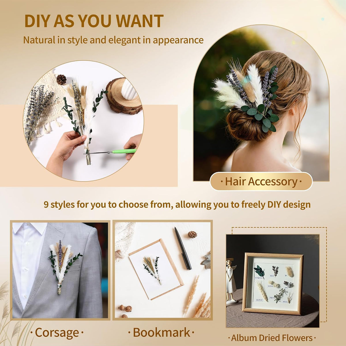 Bpole Dried Pampas Grass Bouquet -92 Pcs 11-13inch 9 Styles Boho Decor