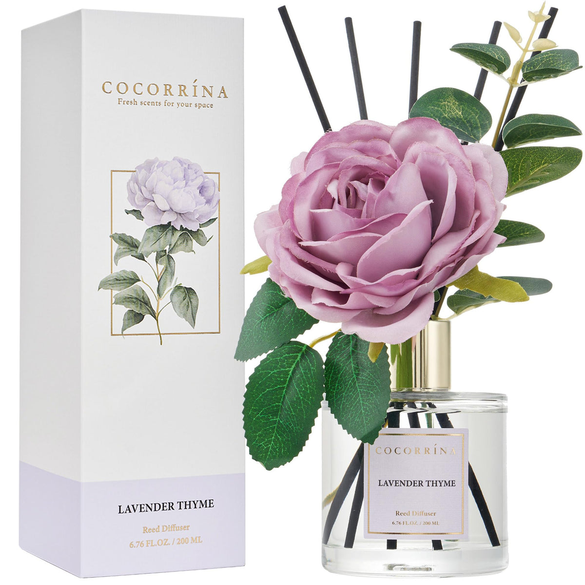 Cocorrína Premium Reed Diffuser Set with Preserved Baby's Breath & Cotton Stick Sandalwood Rose | 6.7oz Scent Fragrance Oil Diffuser for Bedroom Bathroom Home Décor