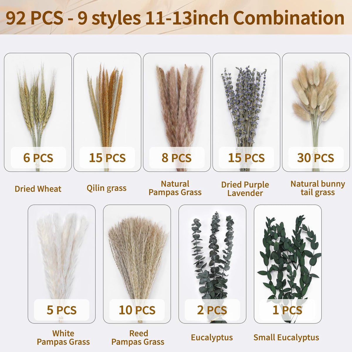 Bpole Dried Pampas Grass Bouquet -92 Pcs 11-13inch 9 Styles Boho Decor