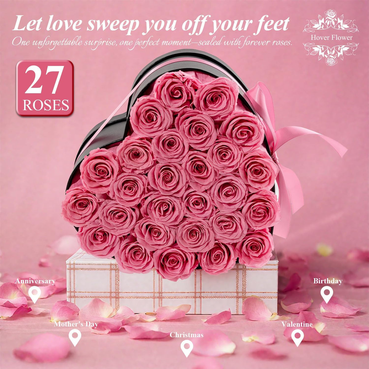 27 Forever Preserved Flowers in a Box, Vanlentines Day Gifts for Her, Eternal Roses Flowers for Delivery Prime, Birthday Gifts for Women Mom Grandma Wife (Pink)