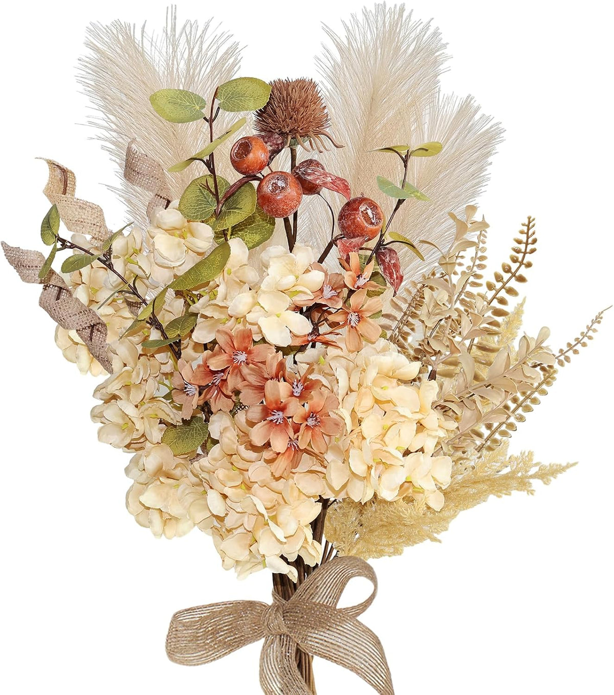28Pcs Boho Artificial Dried Hydrangea Flower Bouquet with Berries, Burlap & Pampas, Green Ombre Leaves, Fake Fall Winter Thanksgiving Harvest Floral Arrangement for Vase Centerpieces, 17"