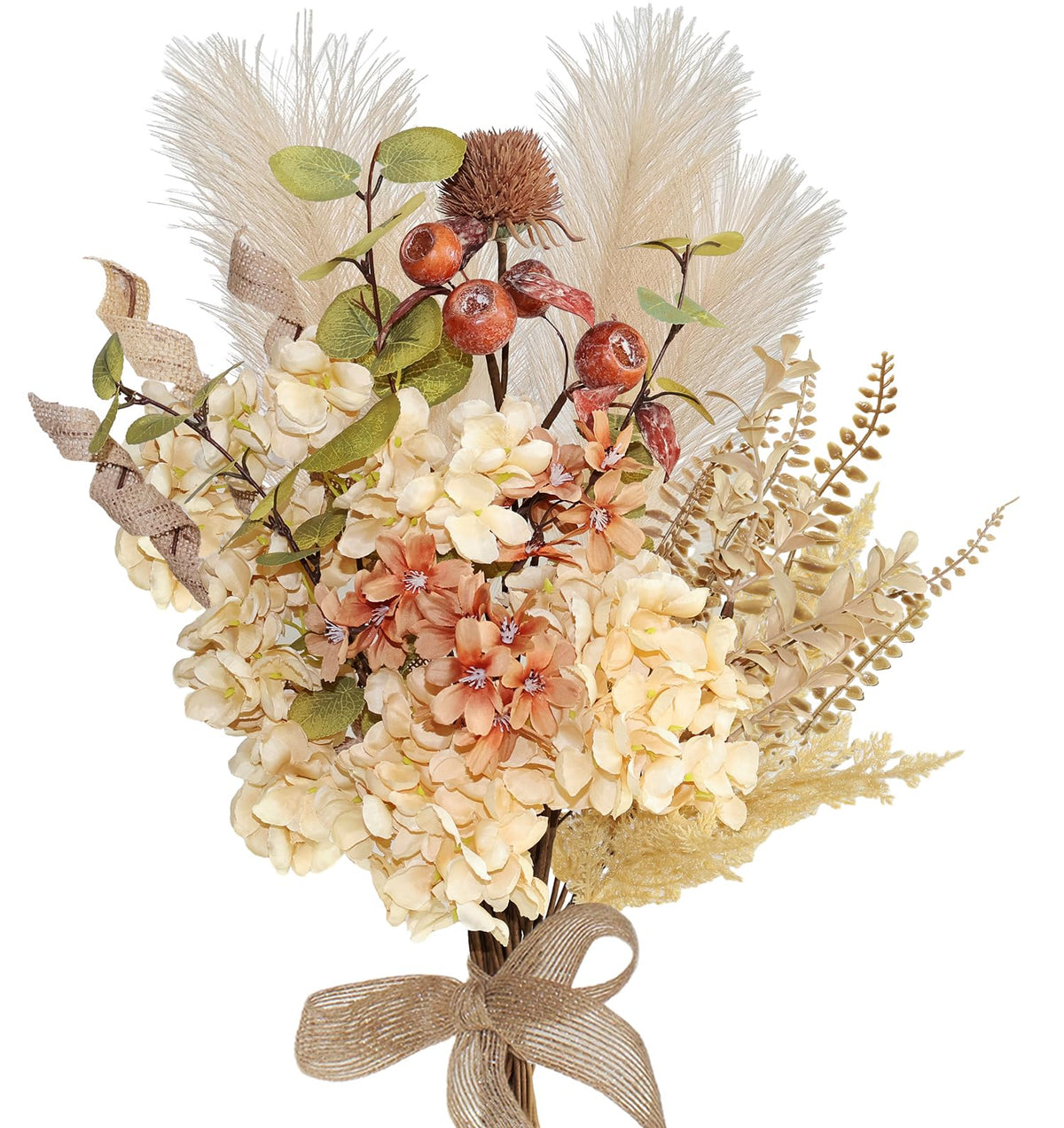 28Pcs Boho Artificial Dried Hydrangea Flower Bouquet with Berries, Burlap & Pampas, Green Ombre Leaves, Fake Fall Winter Thanksgiving Harvest Floral Arrangement for Vase Centerpieces, 17"