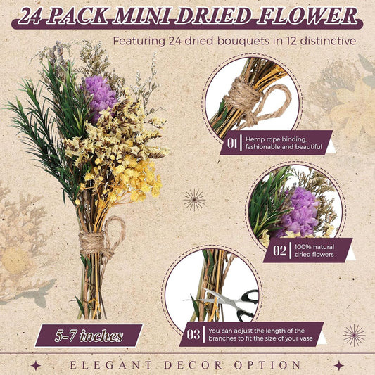 Layhit 24 Pcs Mini Dried Flower Bouquets Boho for Vase, Vivid