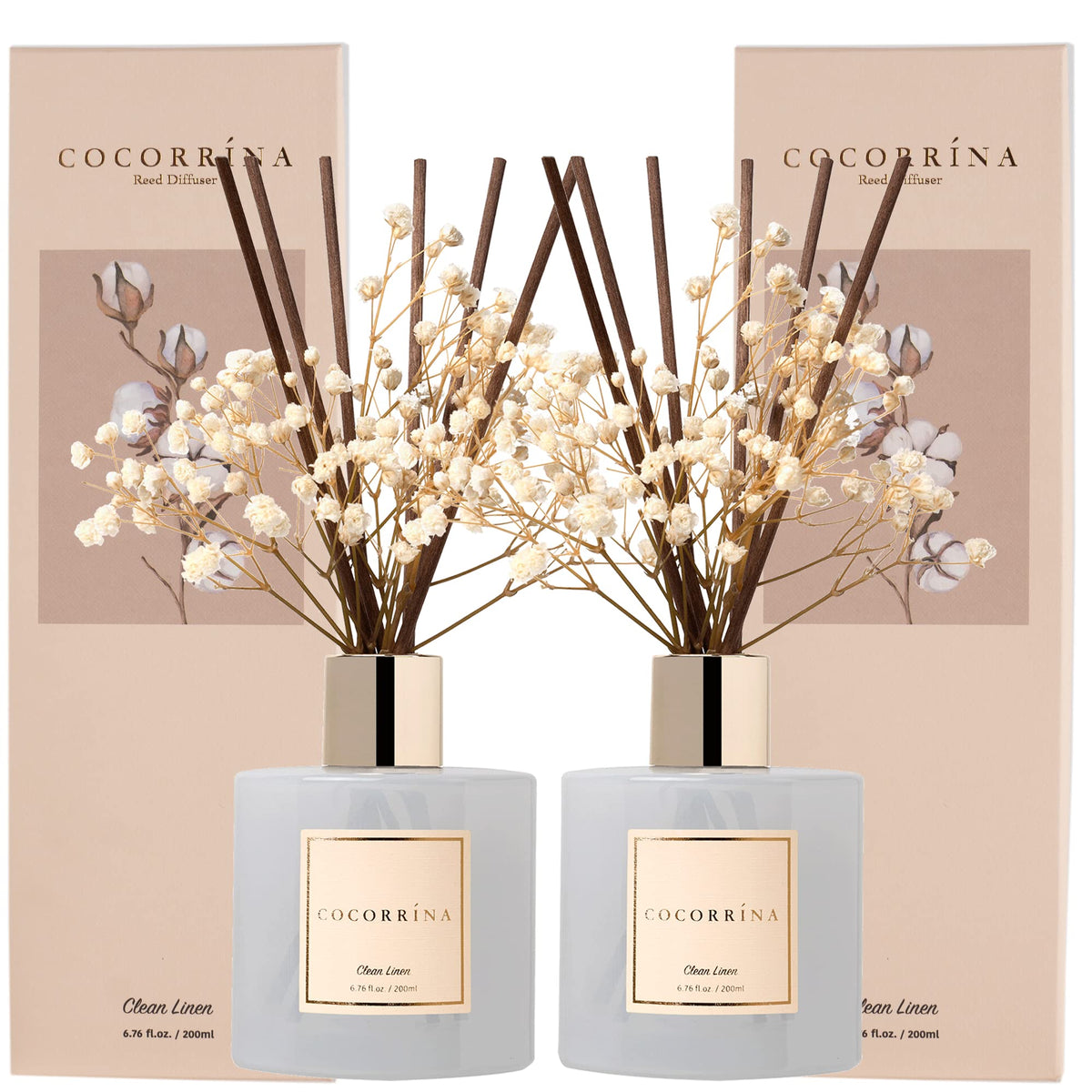 Cocorrína Premium Reed Diffuser Set with Preserved Baby's Breath & Cotton Stick Sandalwood Rose | 6.7oz Scent Fragrance Oil Diffuser for Bedroom Bathroom Home Décor