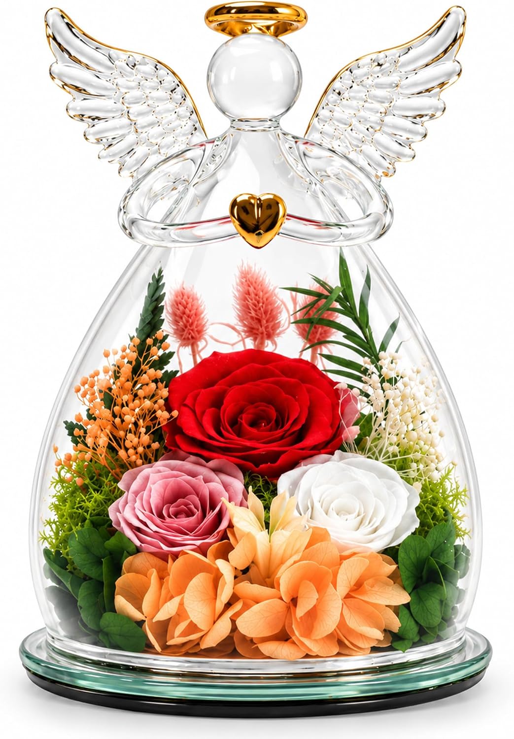 Nacome Preserved Rose Glass Angel Figurine with LED Light Gift for Women