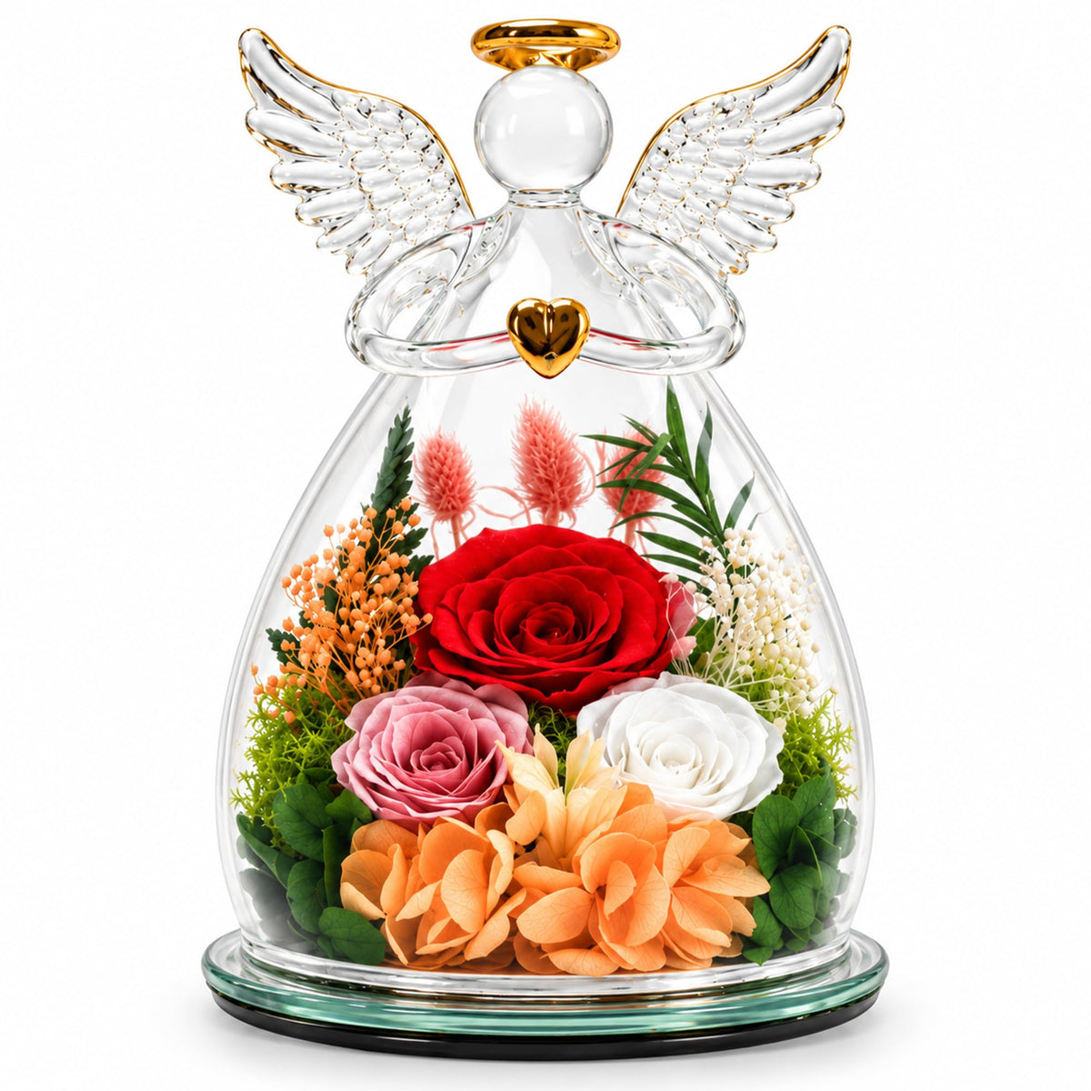 Nacome Preserved Rose Glass Angel Figurine with LED Light Gift for Women