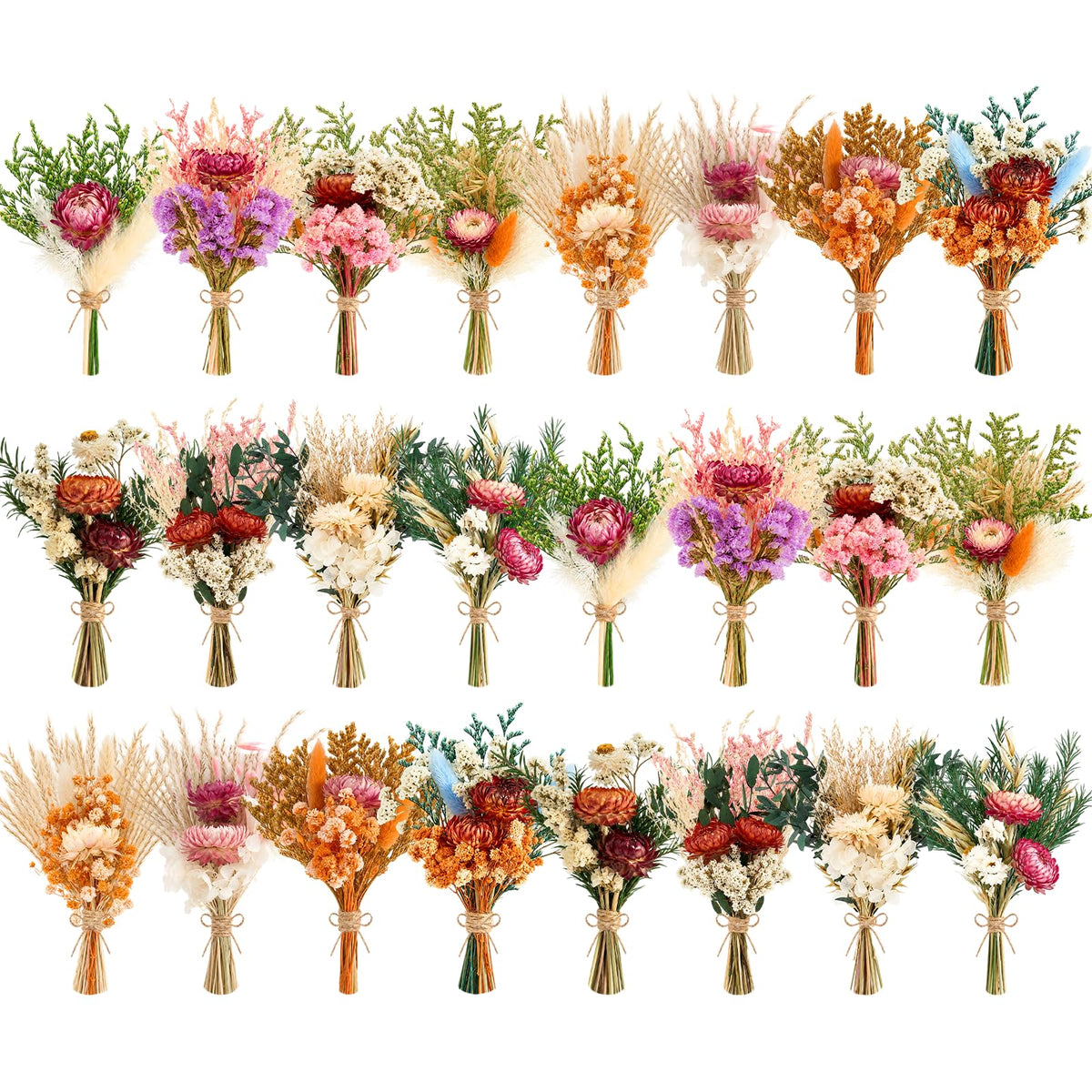12/24PCS Handmade Dried Flower Bouquet with Stems Natural Dried Wildflowers 7.5 Inch Mini Dry Flowers for Vase Farmhouse Decor, Wedding Styling, Photography Props, Gift DIY(12pcs, Bright)