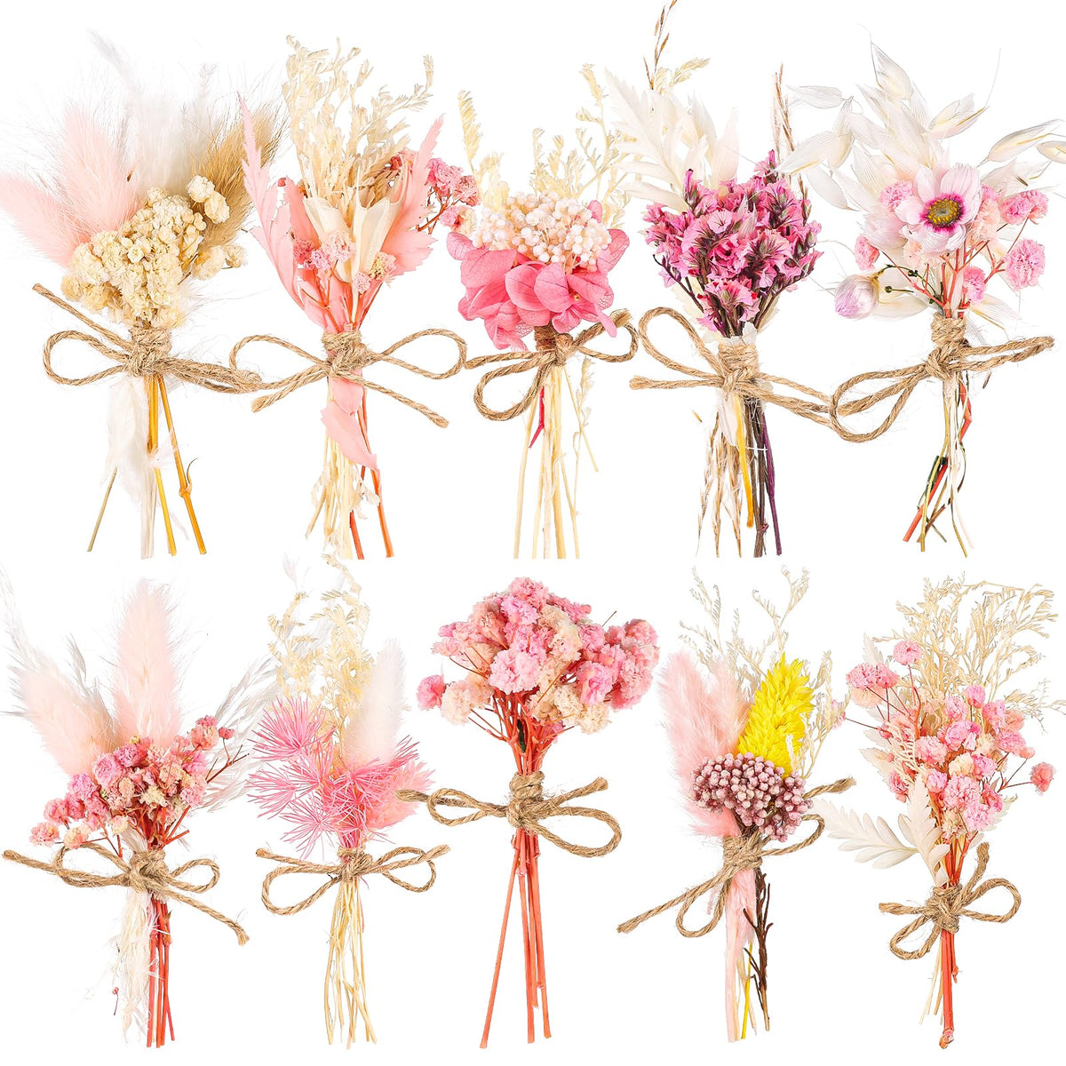VAIPI 10 Pack Dried Flower Bouquets Various Dried Flower Combinations with Stem Mini Dried Embossing Natural Flower Bundles Artificial Flower Dried Floral Arrangement for Vase DIY Wedding Decor