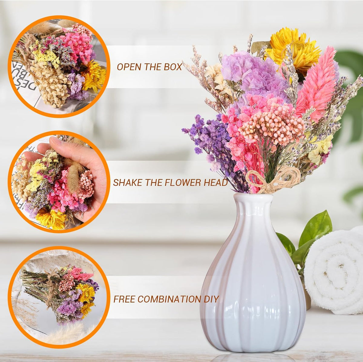 VAIPI 10 Pack Dried Flower Bouquets Various Dried Flower Combinations with Stem Mini Dried Embossing Natural Flower Bundles Artificial Flower Dried Floral Arrangement for Vase DIY Wedding Decor