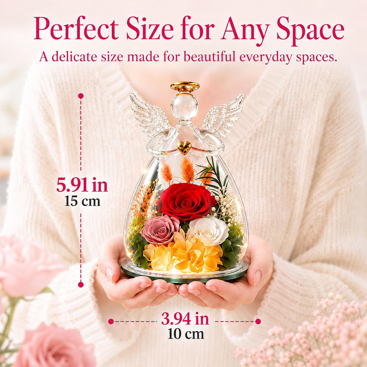 Nacome Preserved Rose Glass Angel Figurine with LED Light Gift for Women