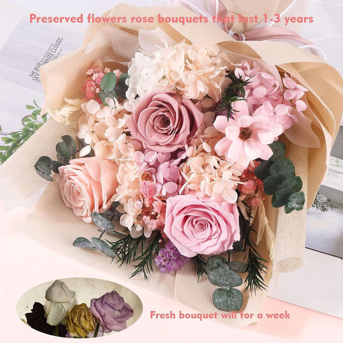 Flowers for Delivery Prime Preserved Flowers Bouquet with Vase, Pink