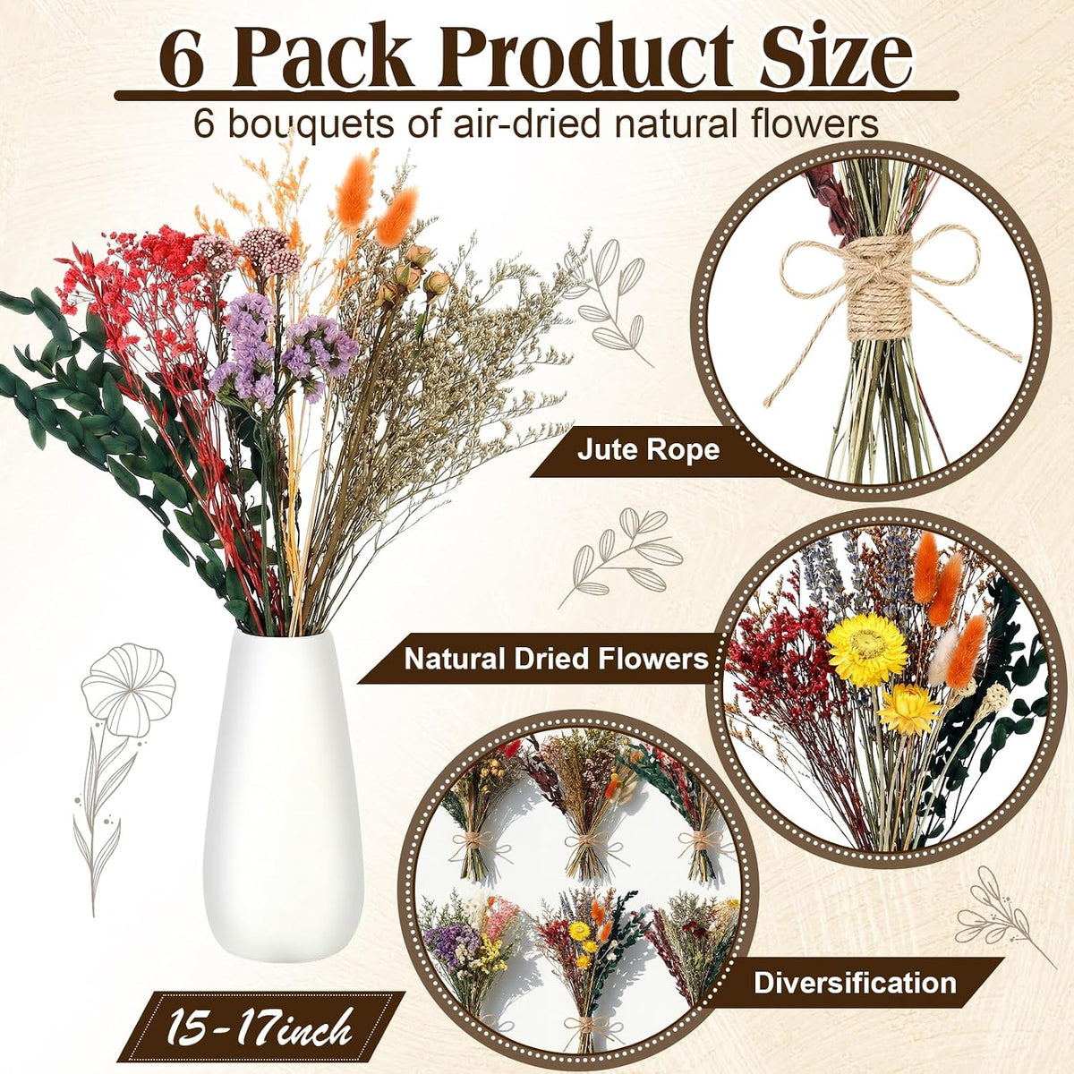 6 Bunches Large Size Dried Flower Bouquet 15 -17 Inch Natural Various Dried Flower Combinations with Wildflowers Dry Rose Lavender Forget Me Not Babys Breath for Vase Boho Wedding Farmhour Home Decor