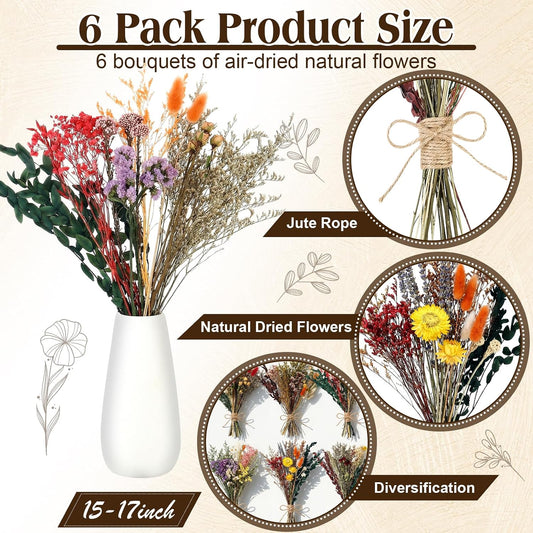 6 Bunches Large Size Dried Flower Bouquet 15 -17 Inch Natural Various Dried Flower Combinations with Wildflowers Dry Rose Lavender Forget Me Not Babys Breath for Vase Boho Wedding Farmhour Home Decor