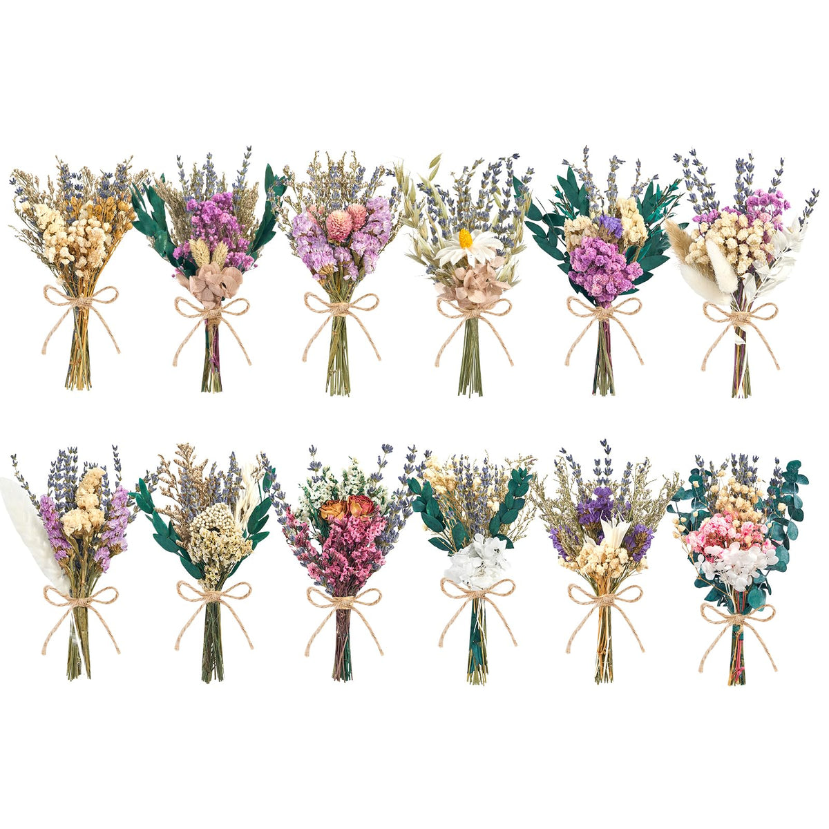 12/24PCS Handmade Dried Flower Bouquet with Stems Natural Dried Wildflowers 7.5 Inch Mini Dry Flowers for Vase Farmhouse Decor, Wedding Styling, Photography Props, Gift DIY(12pcs, Bright)